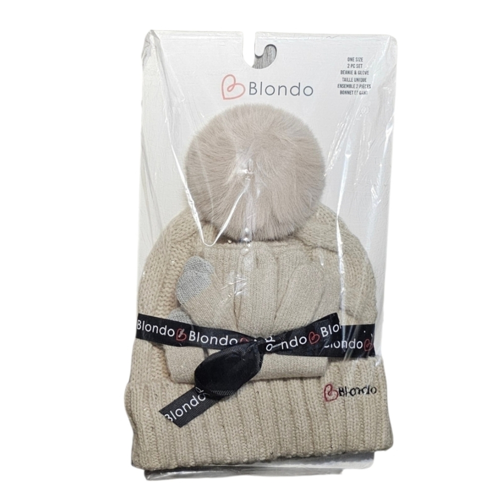 Blondo Cream Cable Knit Beanie w Silver Micro Sequins Faux Fur Pom Pom & Gloves